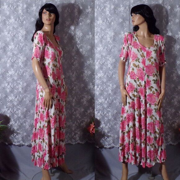 Vintage 90s Floral Rayon Dress 1990s Pink & White Spring Cottage Size Medium - Picture 1 of 6